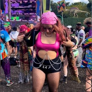 dolls kill pink chain one-piece bodysuit (lose your mind cut out bodysuit)